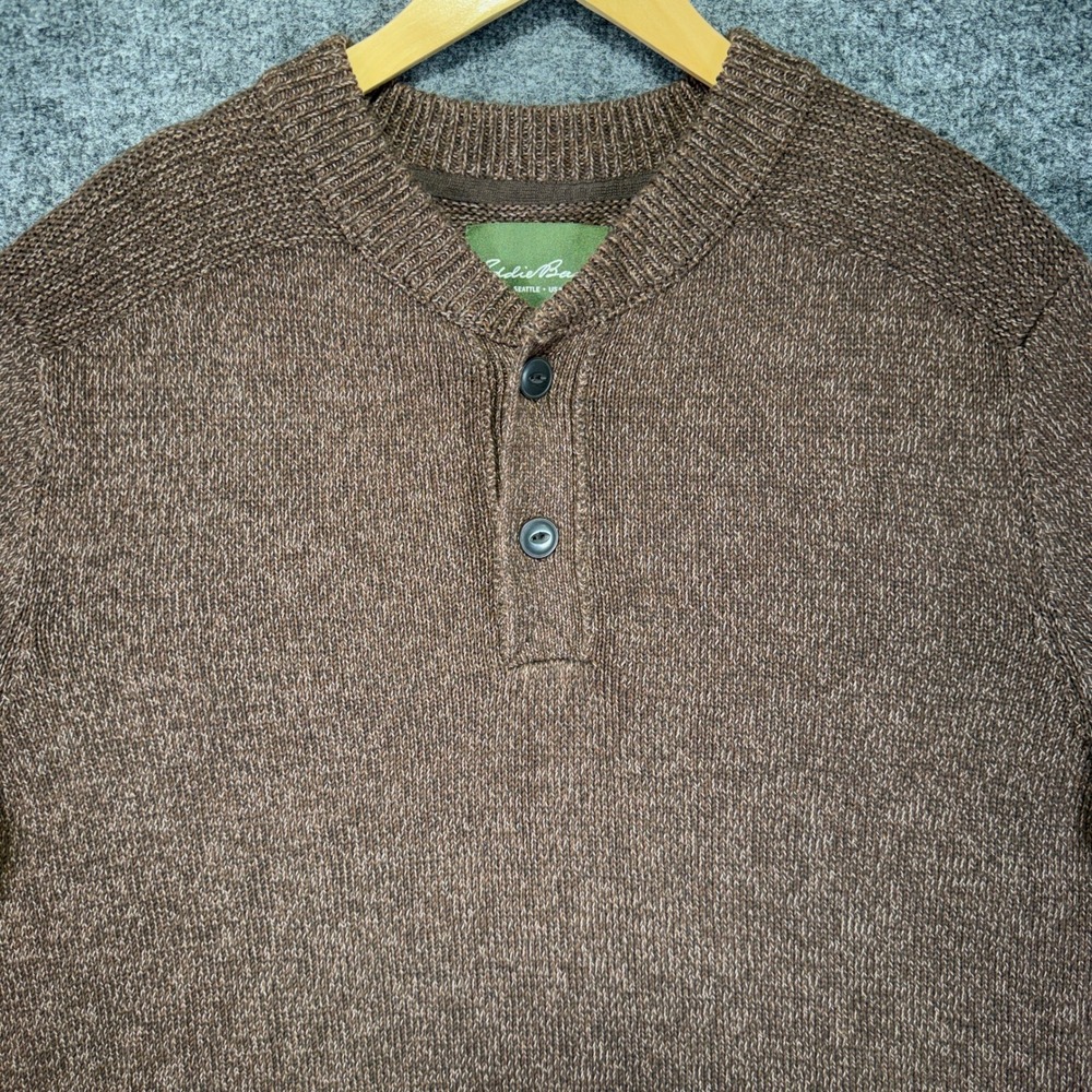 Eddie Bauer Henley Sweater Mens XXL Brown Marled 100% Cotton Pullover 2408 - Picture 2 of 11